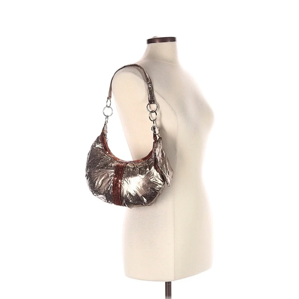 Metallic Bronze Crinkle Hobo Bag Copper Sequin Stripe Shoulder Bag with Pouch